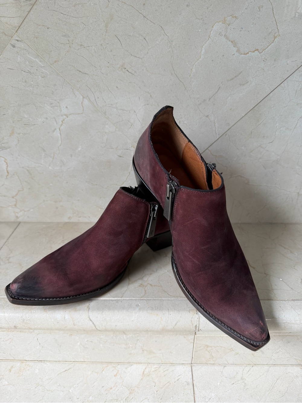 Frye Burgundy Suede Women’s Ankle Booties with Side Zipper